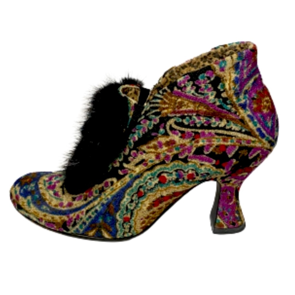 RESERVED Baci "Daisy" Brocade & Mink Pompons Ankle Boots VTG Antoinette Royal